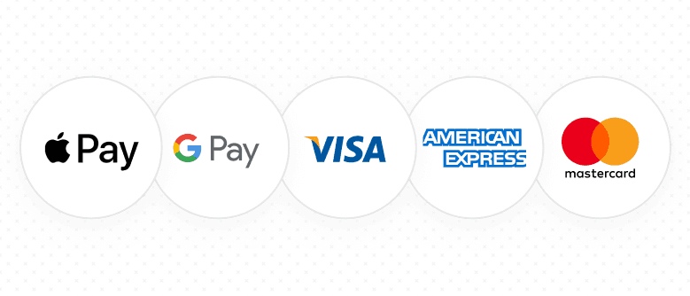 Accepted payment methods: Apple Pay, Google Pay, Visa, American Express, and Mastercard